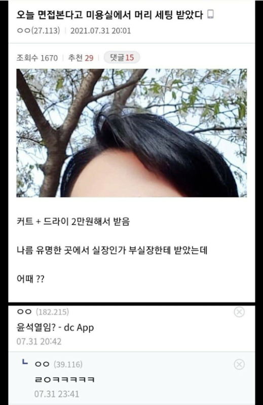 웹진 인벤 : 오늘 면접 본다고 미용실에서 머리 세팅 받았다 - 오픈이슈갤러리 오늘 면접 본다고 미용실에서 머리 세팅 받았다