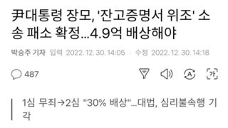 尹대통령 장모, '잔고증명서 위조' 소송 패소 확정…4.9억 배상해야