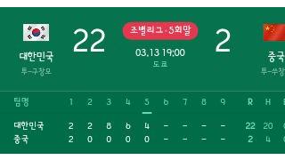 대한민국 야구대표팀 마지막경기 중국전 22:2 승리