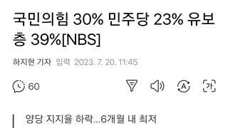 국민의힘 30% 민주당 23% 유보층 39%[NBS]