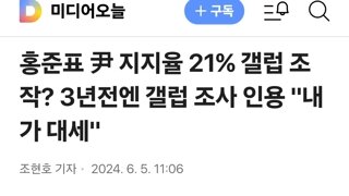 홍준표 尹 지지율 21% 갤럽 조작? 3년전엔 갤럽 조사 인용 