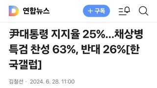 尹대통령 지지율 25%…채상병특검 찬성 63%, 반대 26%[한국갤럽]