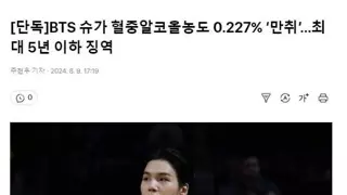 [단독]BTS 슈가 혈중알코올농도 0.227% ‘만취’…최대 5년 이하 징역