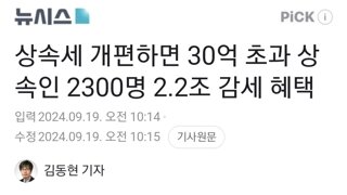 상속세 개편하면 30억 초과 상속인 2300명 2.2조 감세 혜택