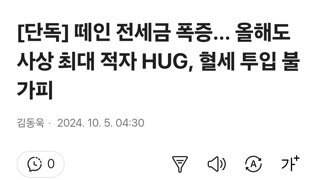 [단독] 떼인 전세금 폭증... 올해도 사상 최대 적자 HUG, 혈세 투입 불가피