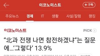 北과 전쟁 나면 참전하겠냐는 질문에…‘그렇다’ 13.9%