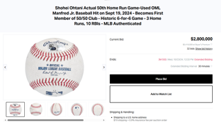 오타니 50-50홈런볼, 야구공 역사상 최고경매가 돌파