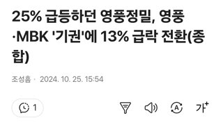 25% 급등하던 영풍정밀, 영풍·MBK '기권'에 13% 급락 전환