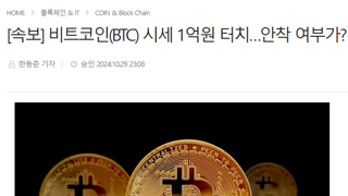 [속보] 비트코인(BTC) 시세 1억원 터치