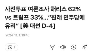 사전투표 여론조사 해리스 62% vs 트럼프 33%…“원래 민주당에 유리” [美 대선 D-4]