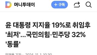 윤 대통령 지지율 19%로 취임후 '최저'…국민의힘·민주당 32% '동률'