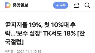 尹지지율 19%, 첫 10%대 추락…'보수 심장' TK서도 18% [한국갤럽]