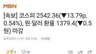 [속보] 코스피 2542.36(▼13.79p, 0.54%), 원·달러 환율 1379.4(▼0.5원) 마감