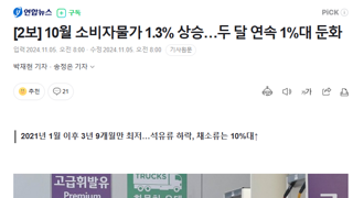 10월 소비자물가 1.3% 상승…두 달 연속 1%대 둔화