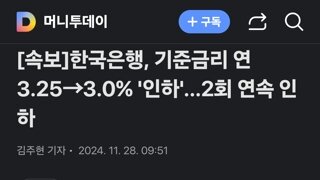 [속보]한국은행, 기준금리 연 3.25→3.0% '인하'…2회 연속 인하