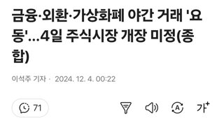 금융·외환·가상화폐 야간 거래 '요동'…4일 주식시장 개장 미정(종합)