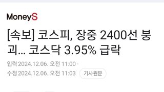 [속보] 코스피, 장중 2400선 붕괴… 코스닥 3.95% 급락