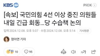 [속보] 반란의힘 4선 이상 중진 의원들 내일 긴급 회동…당 수습책 논의