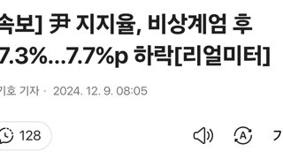 [속보] 尹 지지율, 비상계엄 후 17.3%…7.7%p 하락[리얼미터]