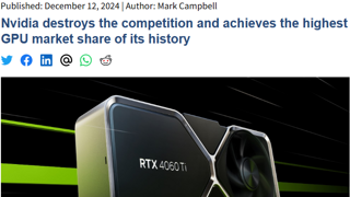 NVIDIA, AMD와 Intel을 압도하며 역사상 가장 높은 점유율 달성