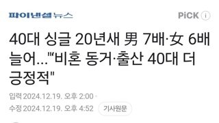 40대 싱글 20년새 男 7배·女 6배 늘어...