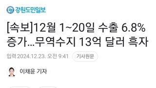 [속보]12월 1∼20일 수출 6.8% 증가…무역수지 13억 달러 흑자