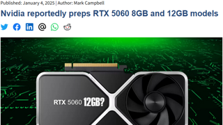 [루머]RTX 5060은 8GB/12GB 두 가지 모델로 출시된다.