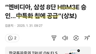 “엔비디아, 삼성 8단 HBM3E 승인…中특화 칩에 공급”(상보)