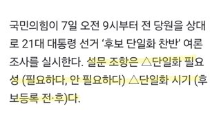 [속보] 국힘, 전 당원 대상 단일화 찬반 여론조사 시작