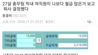 막내 여직원이 월급 더 받아서 사직서 쓴 사람