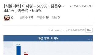 리얼미터 대선지지도를 보고 국개론을 내뱉는 펨붕이