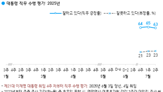 [갤럽여조]이대통령 63% 민주 43% 내란 19%