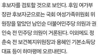 후임 여가부장관 남인순 권인숙 정춘숙 하마평