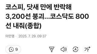 코스피, 닷새 만에 반락해 3,200선 붕괴…코스닥도 800선 내줘