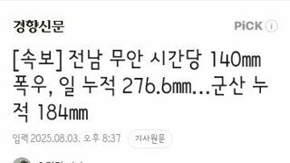 전남 무안 시간당 140㎜ 폭우, 일 누적 276.6㎜…군산 누적 184㎜