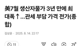 美7월 생산자물가 3년 만에 최대폭↑…관세 부담 가격 전가(종합)