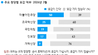 갤럽) 정당 호감도 민주 50% 조국 25% 국힘 19% 진보 17% 개혁 9%
