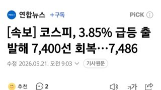 [속보] 코스피, 3.85% 급등 출발해 7,400선 회복…7,486